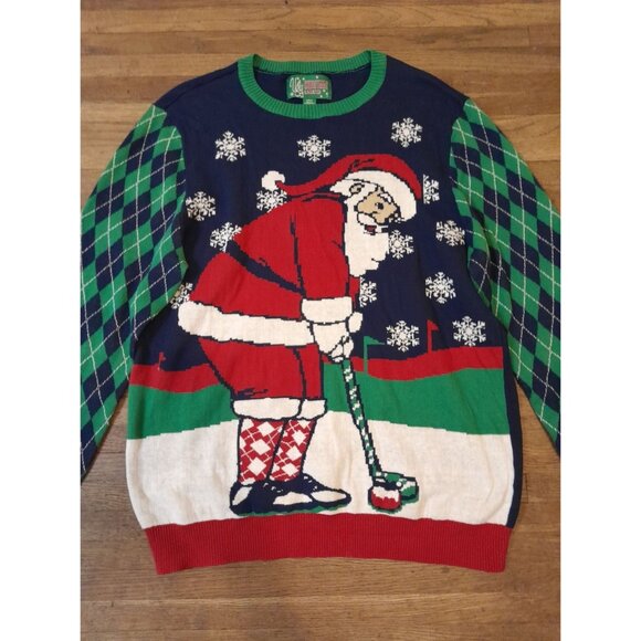Mens Size XL Ugly Christmas Sweater  Santa Playing Golf Crewneck Novelty Sweater - Picture 1 of 5